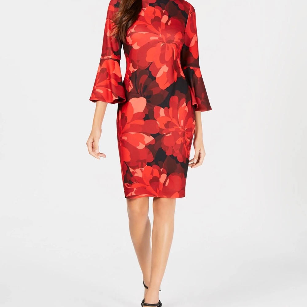 Calvin Klein Red and Black Floral Long Sleeve Dress